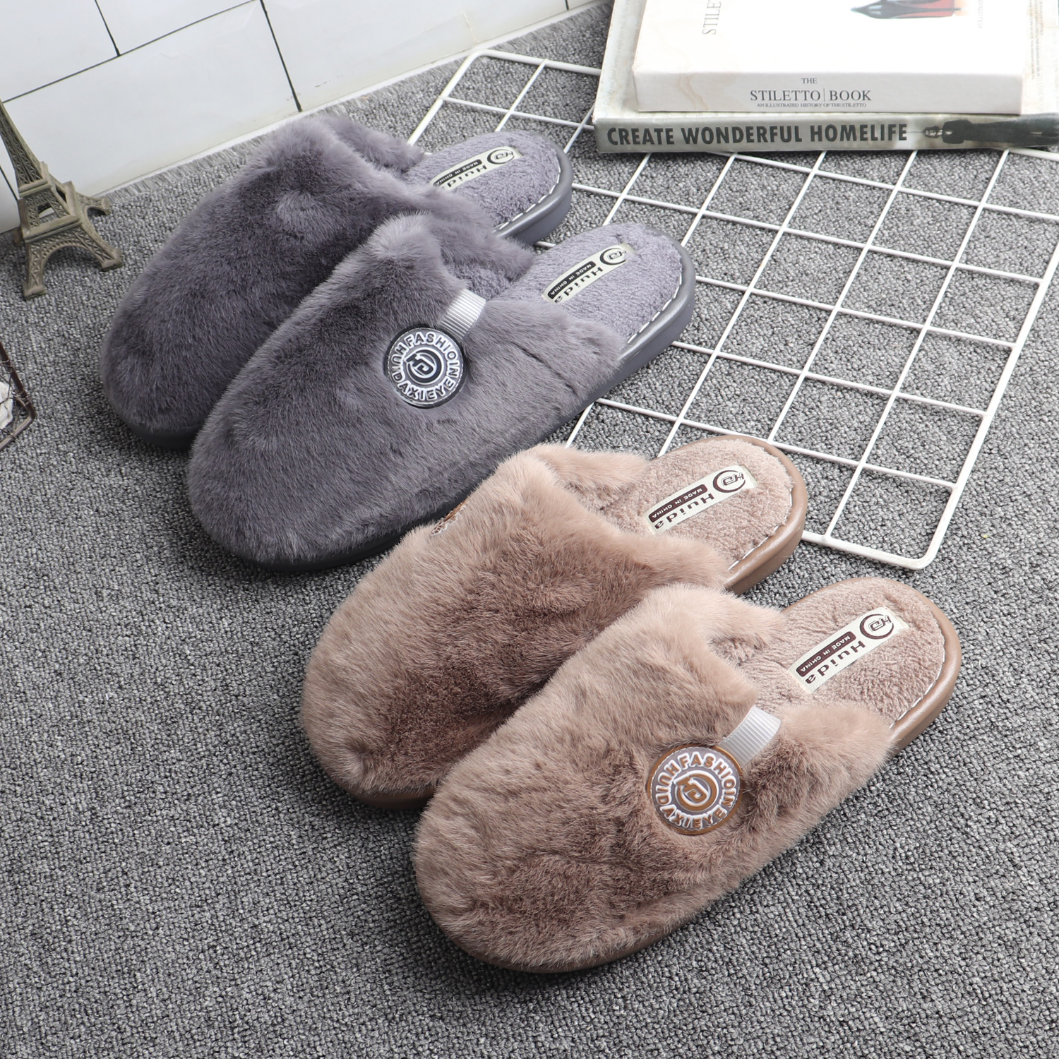 冬保暖毛毛地板拖防滑软底棉拖鞋