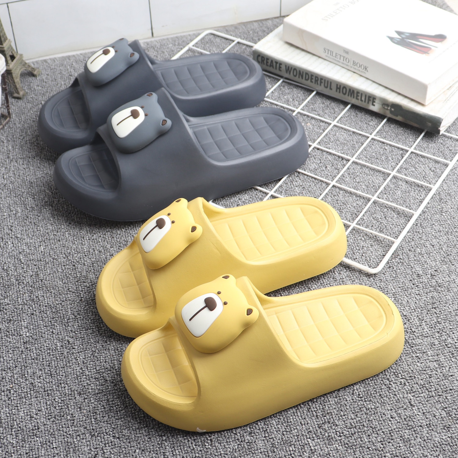 可爱卡通小熊凉拖鞋男女夏季厚底防滑洗澡不臭脚踩屎感舒适一字拖,居家布艺,居家凉拖/凉鞋,淘宝优惠券,粉丝福利购,淘宝优惠卷