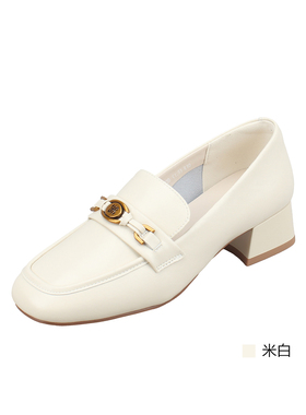 意尔康女鞋2026春季女粗跟真皮浅口单鞋通勤舒适金属扣法式15305Y