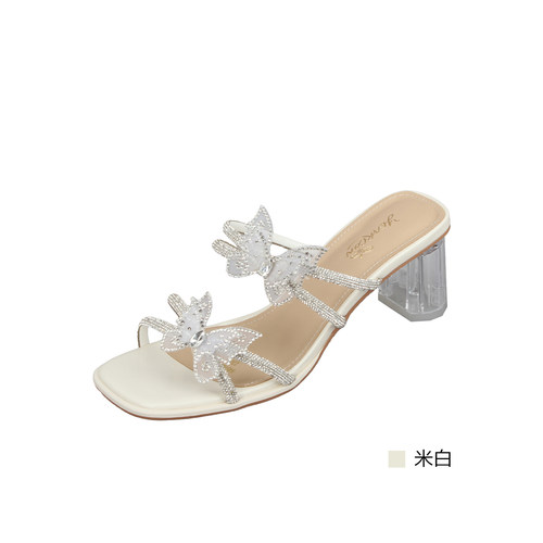 意尔康水钻蝴蝶结一字拖女夏粗跟