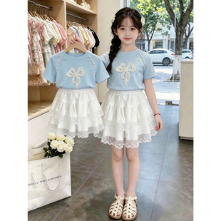 儿童裙子套装女童蛋糕裙夏季新款女孩洋气蕾丝半身裙中大童两件套