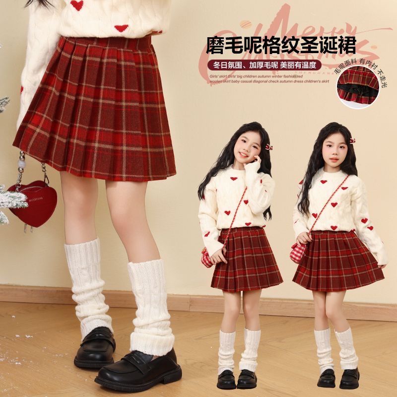 女童毛呢裙子红色格子半身百褶短裙2025秋冬新年儿童过年加厚冬装
