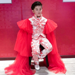 薇设计中国风青花瓷夸张男童模总决赛剪纸国风高定礼服出租定制