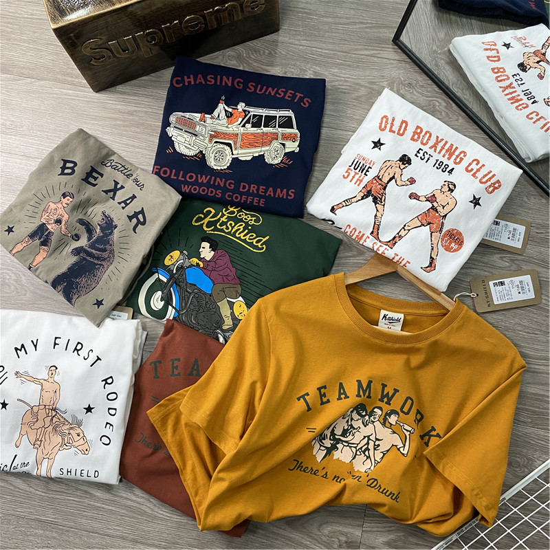 国潮2b青年印花碳素磨毛全棉重水洗短袖t恤男运动休闲汗衫打底衫