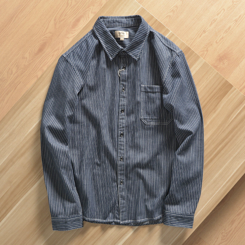 阿美咔叽 全棉牛仔竖条纹单口袋工装衬衫 日系复古水洗百搭衬衣潮