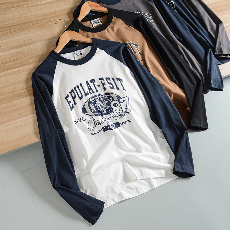 长袖复古休闲全棉水洗T恤印花