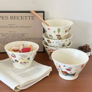 陶瓷卡通斗笠碗可爱童趣复古陶瓷米饭碗家用甜品碗早餐碗喝汤小碗