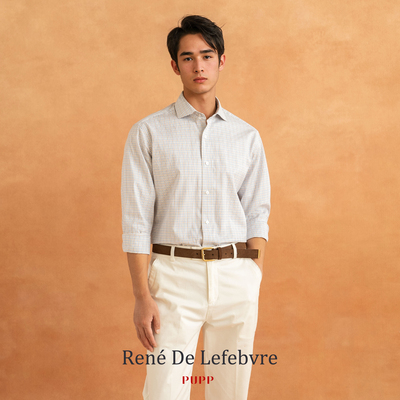 春秋季男士休闲商务通勤温莎领120S细小格纹长袖绅士翻领衬衣衬衫