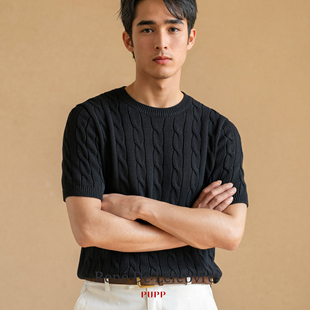 PUPP夏季男士短袖半袖绞花圆领透气纯棉商务休闲T恤针织衫POLO衫