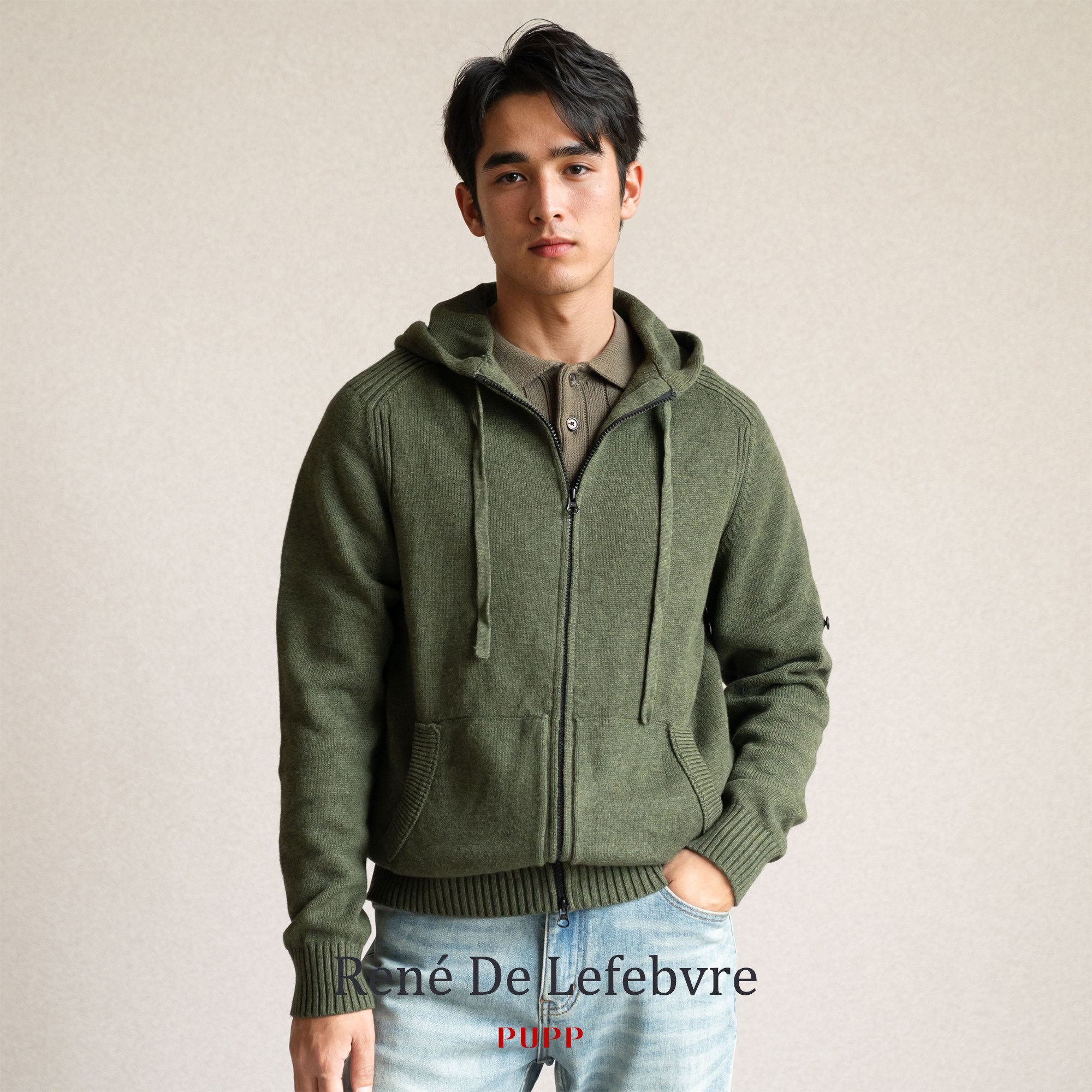 PUPP春秋季男士连帽拉链针织纯棉开衫时尚休闲复古重磅外套毛衣