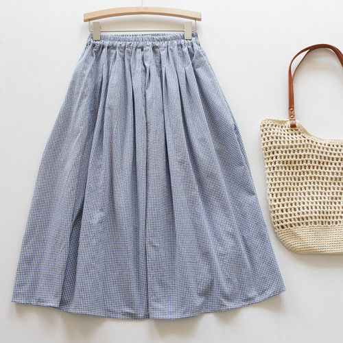 默棉 色织水洗棉细蓝格半身裙女夏季中长裙法式小众设计小个子