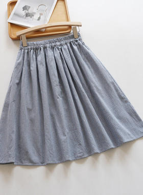 默棉自制 法式水洗色织小细蓝格子半身裙女夏季棉布裙子小个子款