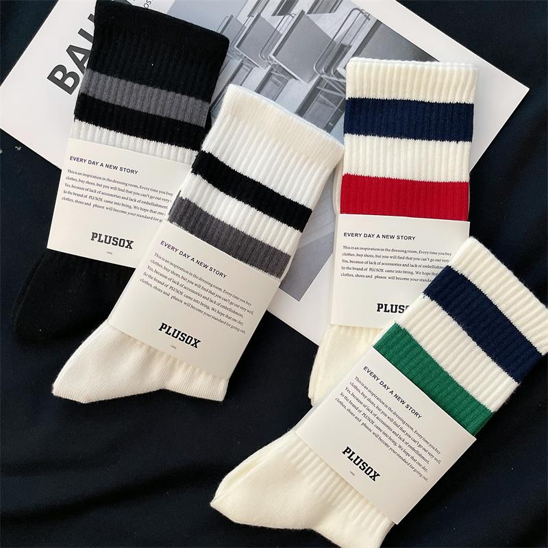 3双男女中长筒袜子纯棉日系潮牌二条杠撞色条纹长袜男足球运动袜