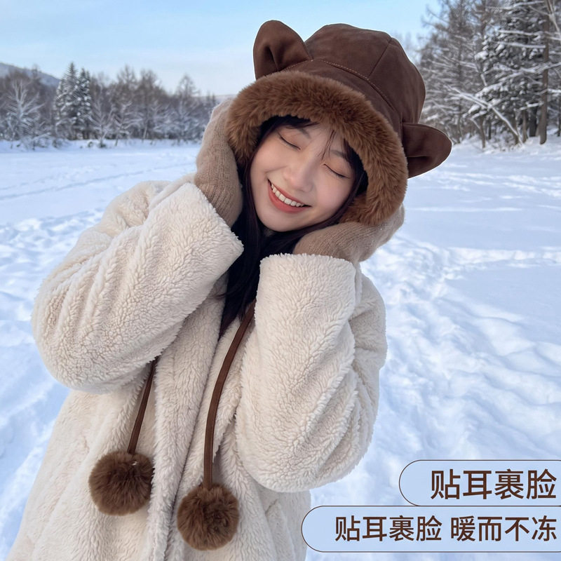 韩版加绒护耳包头帽冬季保暖加厚帽子女款可爱耳朵纯色加绒雷锋帽