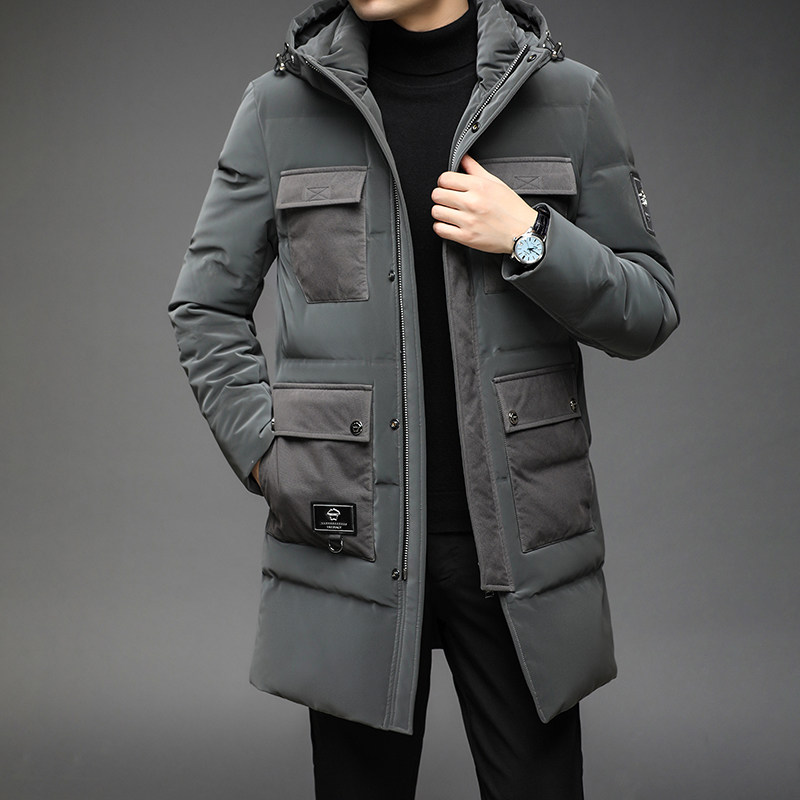 B8258钱塘2020-3冬季连帽男士羽绒服90白鸭绒中长款多口袋P340图片