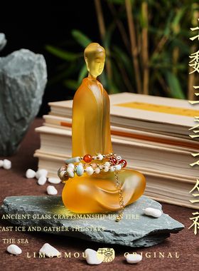 璃某某古法琉璃北魏三圣茶桌摆件