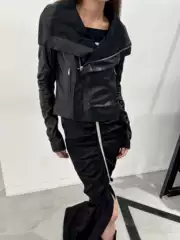Dark Ro Style Asymmetrical Lapel Waist-Cinching Deconstructed Cut High-Neck Biker Jacket Slim Short Leather Jacket