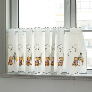 外单成品布纱半帘咖啡帘柜门帘简易免打孔刺绣小熊