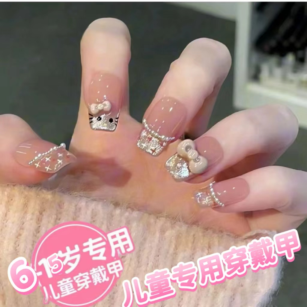 儿童穿戴甲女童小孩姐专用10岁78岁卡通tk猫咪高级中长款美甲显白