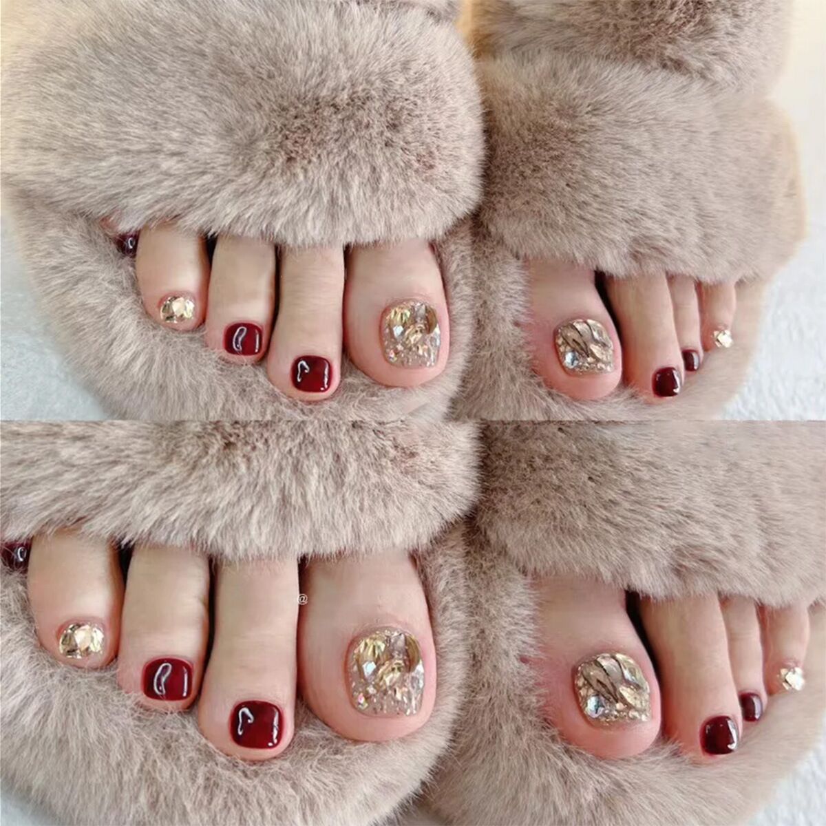 酒红镶钻脚指甲贴片美甲