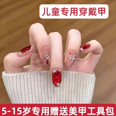 新年红色儿童穿戴甲中长款烟花指甲贴片短款学生党67岁12岁女孩子