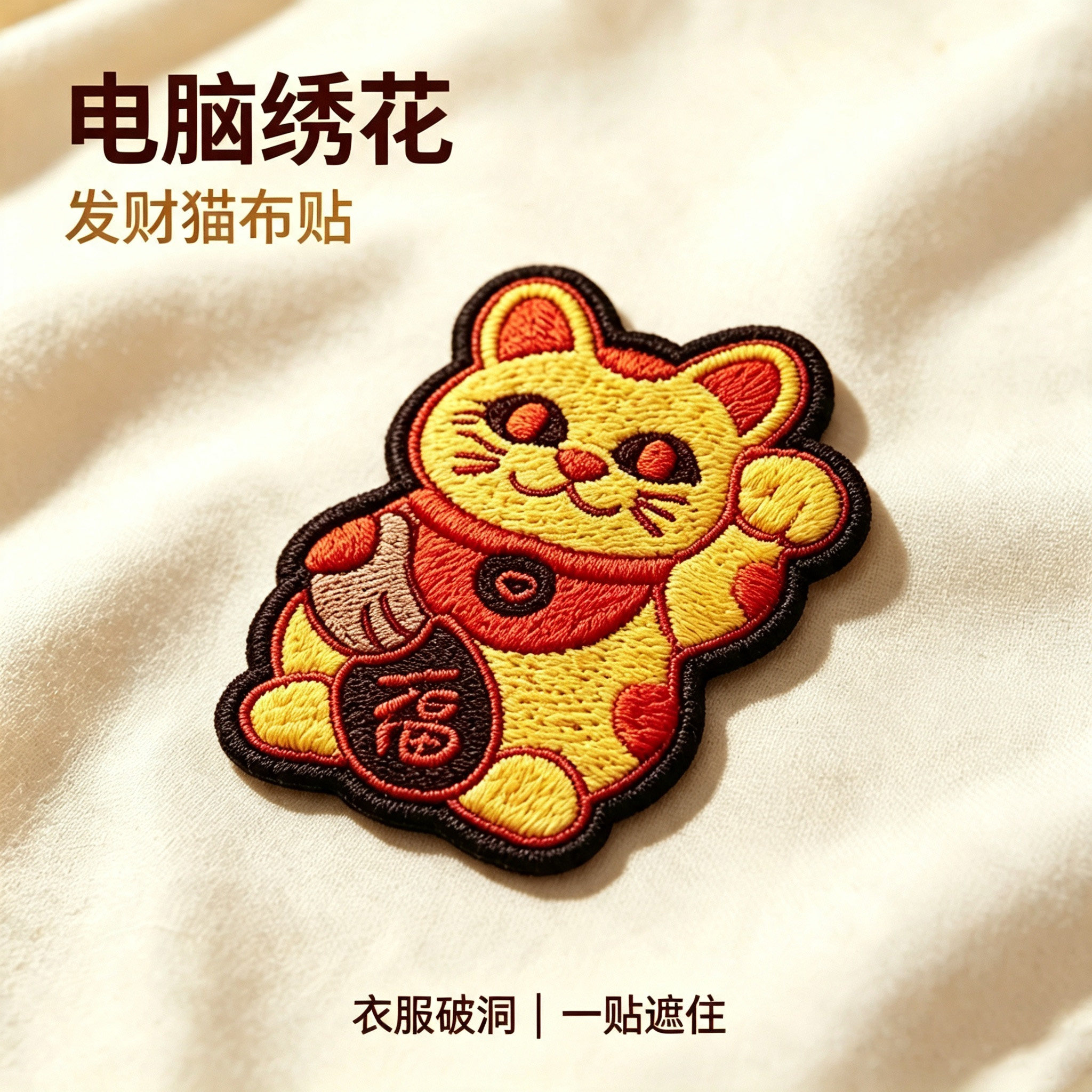 招财猫刺绣布贴自粘衣服补丁贴熨烫装饰贴卫衣外套破洞修补卡通贴
