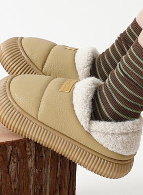 包跟外穿防水PU棉拖鞋女款秋冬季加绒加厚保暖防滑厚底毛毛绒棉鞋