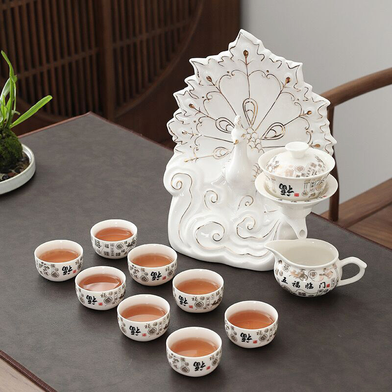 孔雀开屏创意陶瓷自动茶具套装