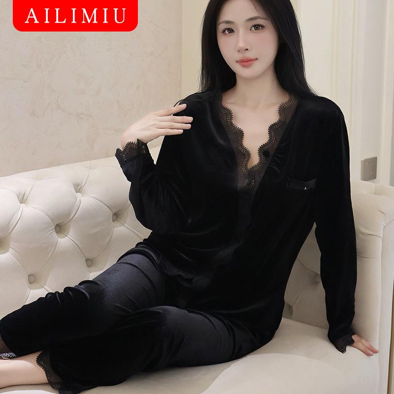 2424新款女士套装春秋季长袖宽松睡衣高级感金丝绒v领蕾丝家居服