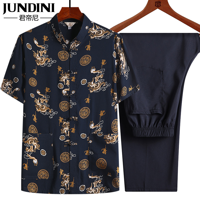 中老年人唐装男短袖中国风夏天薄款衣服爷爷上衣爸爸夏装棉绸套装
