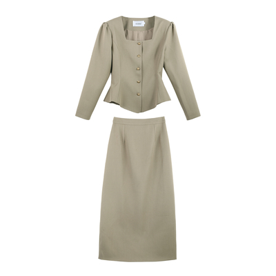 「京京」休闲方领收腰短款上衣高腰半身裙两件时尚套装HBZXP72002