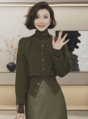 【格林笔记】新款复古莫代尔设计感高领针织开衫秋冬上衣HBZW9184