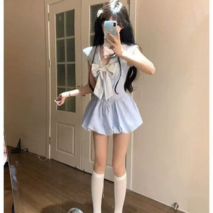 纯欲风甜美短裙收腰显瘦设计感撞色海军领蝴蝶结连衣裙两件套