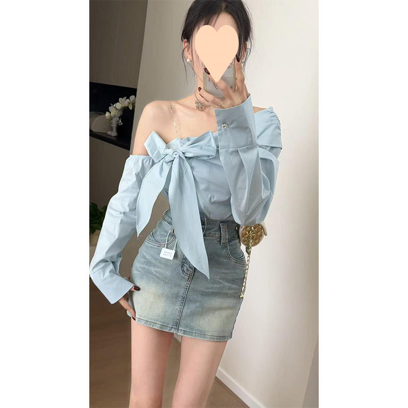 套装女2025春季新款韩系辣妹露肩蝴蝶结绑带衬衫高腰牛仔包臀