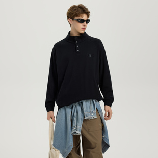 UNKNOWTAL美式 复古重磅潮牌珠地纽扣立领卫衣学院风男女款