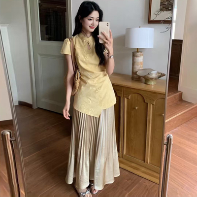 大码胖mm复古国风新中式套装女夏季显瘦改良旗袍上衣百褶半身裙子