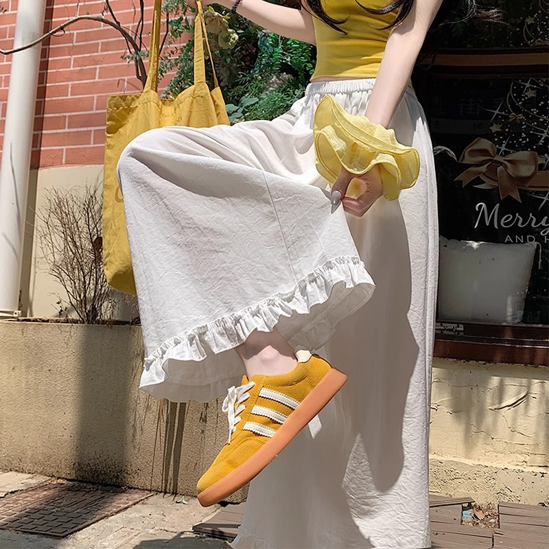 韩版慵懒风木耳花边休闲阔腿裤女夏季小个子宽松九分直筒裤子