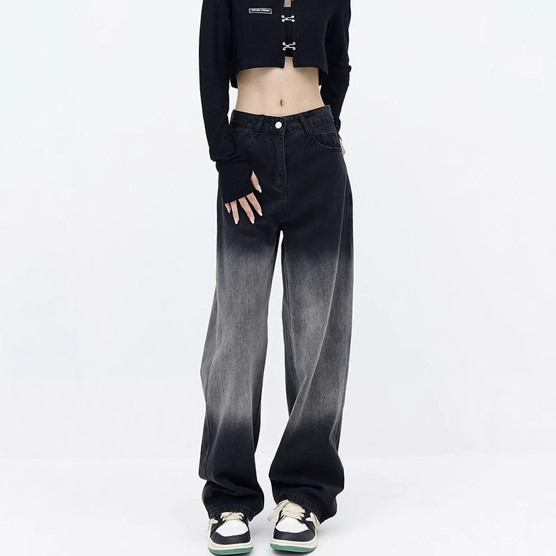 香港梨形身材黑色渐变牛仔裤女春秋胖妹妹mm高腰显瘦直筒阔腿长裤