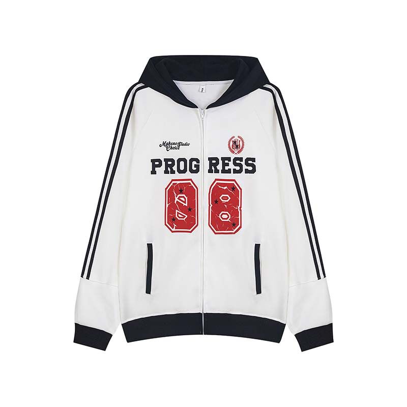 香港潮牌秋冬新款数字印花撞色开衫连帽卫衣男女宽松绣运动风外套