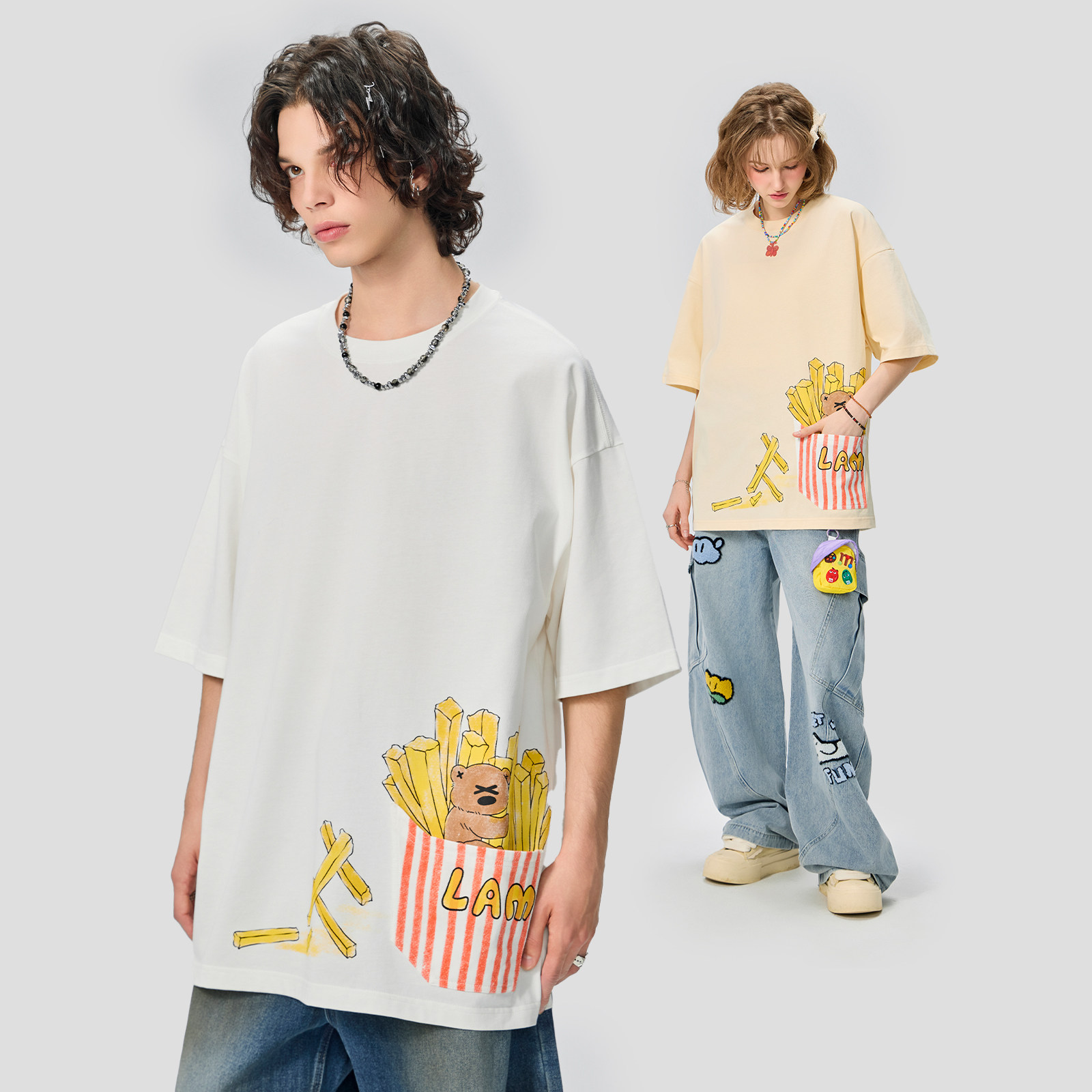 香港潮牌小熊薯条白色短袖男款贴布口袋设计感半袖t恤女圆领宽松