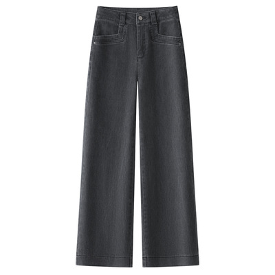 香港黑色窄版阔腿牛仔裤女2025秋季高腰宽松显瘦复古九分直筒裤子