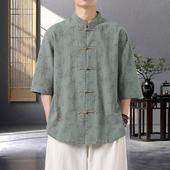 中山装 新中式 国风茶服 中国风宽松大码 提花半袖 盘扣复古唐装 男衬衫