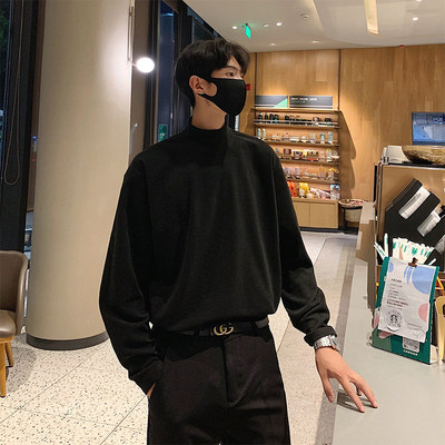 纯黑色半高领卫衣男款秋冬高级感英伦雅痞男装内搭德绒打底衫长袖