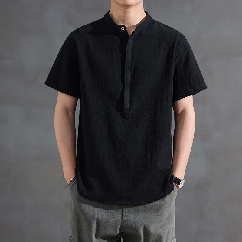 亨利领纯色短袖衬衫男无领男士棉麻衬衣t恤上衣polo衫夏季中国风