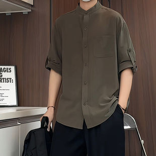 军绿色棉麻衬衫男短袖夏季薄款立领工装衬衣美式复古休闲七分半袖