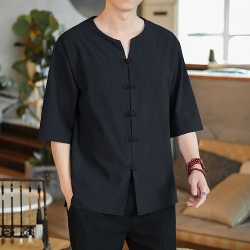 短袖衬衫亚麻无领中国风