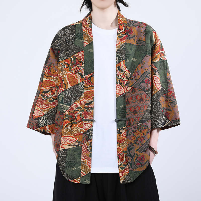 中式盘扣开衫男七分袖碎花沙滩旅游披风透气汉服道袍泰风外衣大码