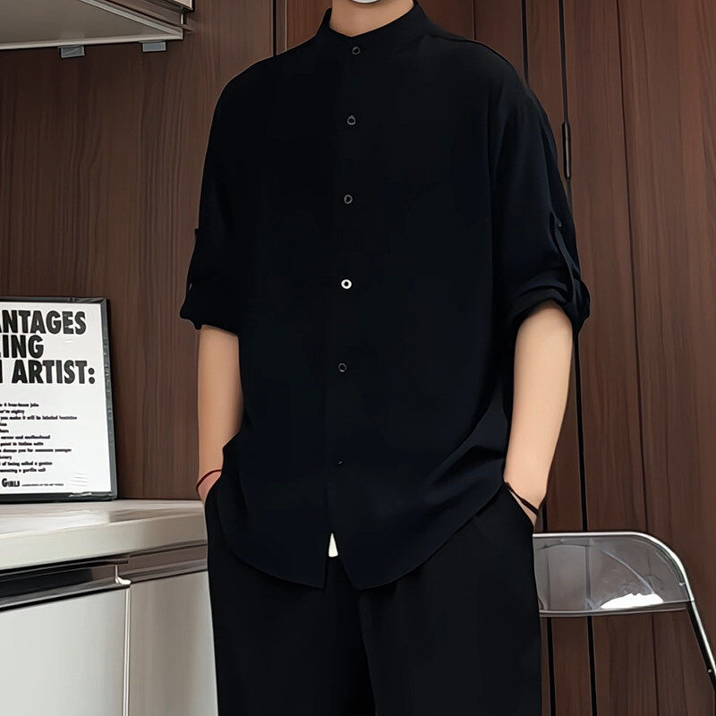 新中式无领棉麻衬衫男短袖夏季日系复古大码休闲7七分袖亚麻衬衣