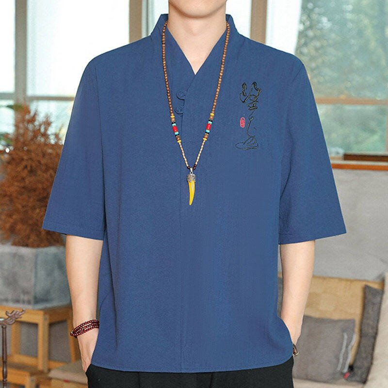 夏季唐装男古风中国风复古上衣七分袖男装棉麻宽松亚麻短袖t恤