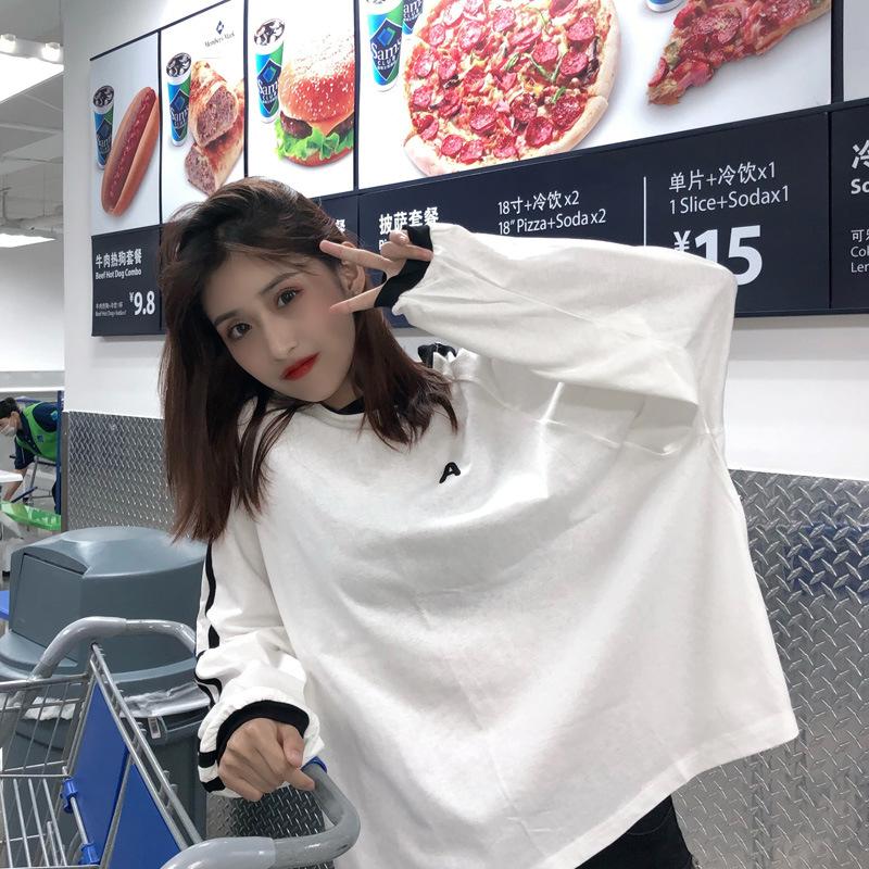 白色长袖宽松T恤女春秋季美式